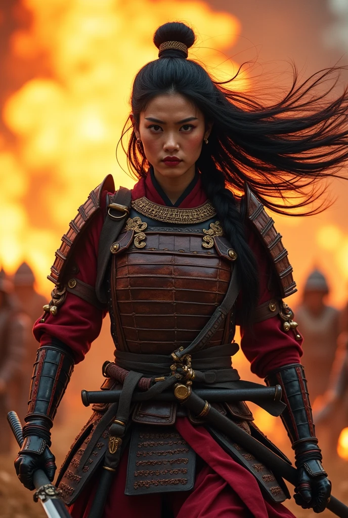 Japan Female Samurai、Female warriors of the Sengoku period、not wearing a helmet、Scene of fierce fighting、There are many people fighting around、Flames are rising all around、Sense of presence。Real、Genuine、26 age、Black Hair. make up, red lips, big breasts