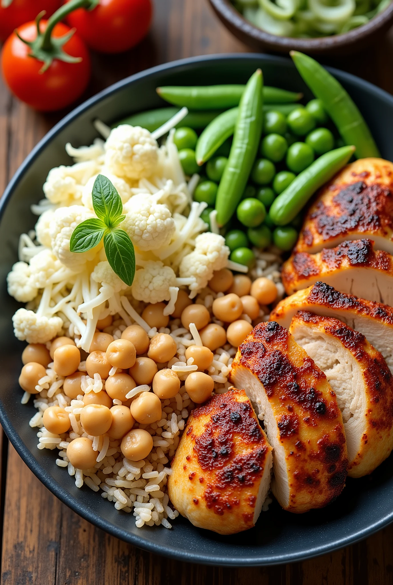 A healthy meal with a small portion of brown rice next to a small portion of chickpeas, with coleslaw with cauliflower and peas and chicken breast, The photo needs to be from an overhead angle