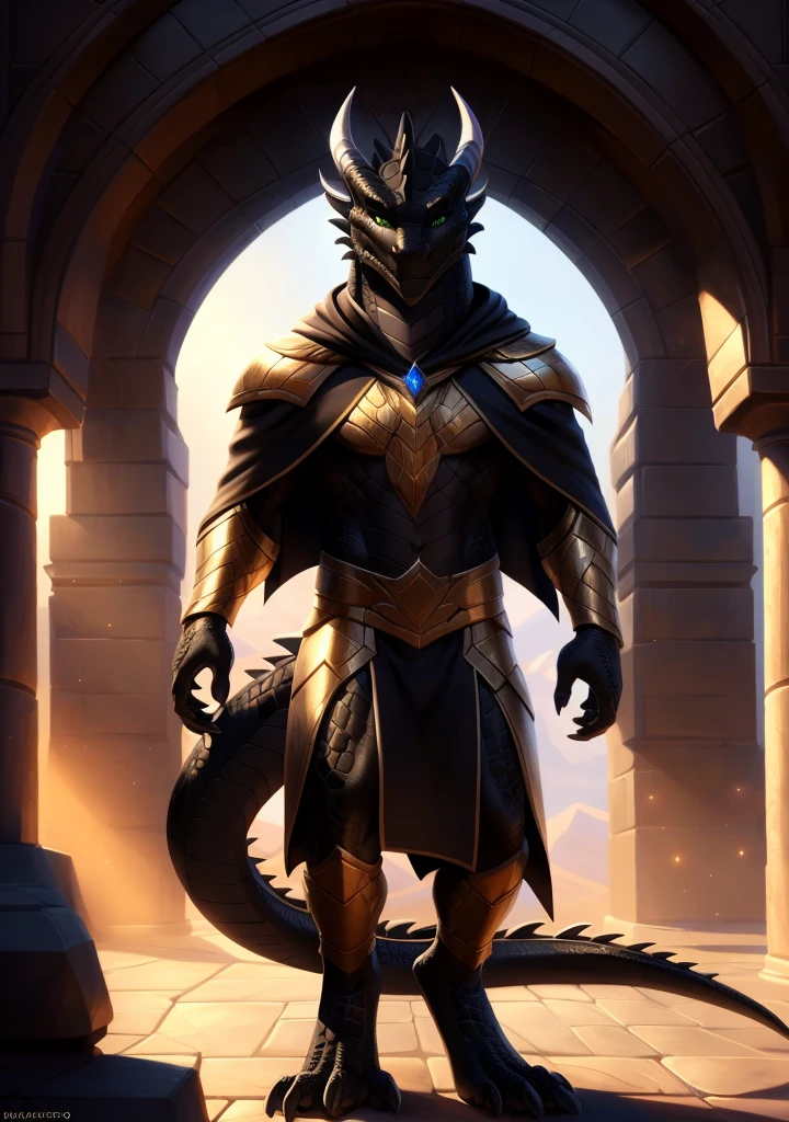 Realistic, detailed, beautiful, masterpiece, HDR, castle interior background, fantasy setting, king, ((gold armor, gold breast plate, gold pauldrons, wearing gold armor, black robes, black cloak, wearing black robes and cloak)) dragon, anthro, male, male full body, black skin, (black scales:1.9), (two long thin horns:1.3), green eyes, detailed eyes, perfectly shaped body, confident majestic pose, finger black claws, masculine facial features, seductive gaze, neutral facial expression, black pointed ears, standing tall, out doors, daytime 

(detailed Bonifasko lighting), (detailed scales), (detailed skin), (male dragonborn), BREAK, ((long flowing tail)), ((facing viewer)), (cinematic lighting), ((detailed background)), ((full body portrait view)), (((full body view))), (good lighting), [backlighting], [crepuscular ray], [detailed ambient light], [gray natural lighting], [ambient light on the belly], (higher wildlife feral detail), [explict content], [sharp focus], (questionable content), (shaded), ((masterpiece)), furry dragonborn, reptilian face, furry Fantasy Art, furry Art, Commission for High Res, anthro Art, POV furry Art,Sakimichan beautiful, masterpiece, best quality, detailed image, bright colors, detailed face, perfect lighting, perfect shadows, perfect eyes, green eyes, flawless face, face focus, full body, (masterpiece:1.21), (best quality:1.2), (illustration:1.2), (cinematic lighting:1.3), detailed scales, balanced coloring, global illumination, ray tracing, good lighting, scales, anthro, well lit 