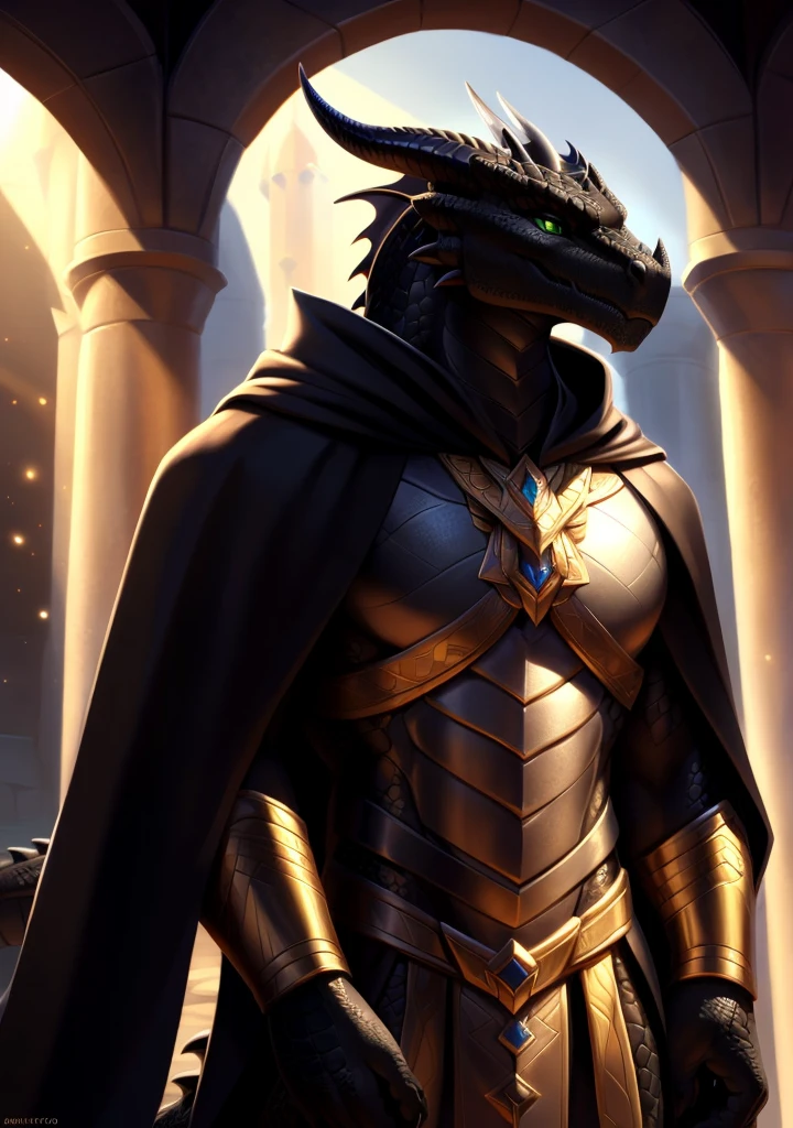 Realistic, detailed, beautiful, masterpiece, HDR, castle interior background, fantasy setting, king, ((gold armor, gold breast plate, gold pauldrons, wearing gold armor, black robes, black cloak, wearing black robes and cloak)) dragon, anthro, male, male full body, black skin, (black scales:1.9), (two long thin horns:1.3), green eyes, detailed eyes, perfectly shaped body, confident majestic pose, finger black claws, masculine facial features, seductive gaze, neutral facial expression, black pointed ears, standing tall, out doors, daytime 

(detailed Bonifasko lighting), (detailed scales), (detailed skin), (male dragonborn), BREAK, ((long flowing tail)), ((facing viewer)), (cinematic lighting), ((detailed background)), ((full body portrait view)), (((full body view))), (good lighting), [backlighting], [crepuscular ray], [detailed ambient light], [gray natural lighting], [ambient light on the belly], (higher wildlife feral detail), [explict content], [sharp focus], (questionable content), (shaded), ((masterpiece)), furry dragonborn, reptilian face, furry Fantasy Art, furry Art, Commission for High Res, anthro Art, POV furry Art,Sakimichan beautiful, masterpiece, best quality, detailed image, bright colors, detailed face, perfect lighting, perfect shadows, perfect eyes, green eyes, flawless face, face focus, full body, (masterpiece:1.21), (best quality:1.2), (illustration:1.2), (cinematic lighting:1.3), detailed scales, balanced coloring, global illumination, ray tracing, good lighting, scales, anthro, well lit 