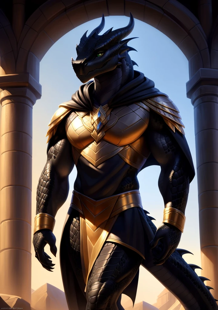 Realistic, detailed, beautiful, masterpiece, HDR, castle interior background, fantasy setting, king, ((gold armor, gold breast plate, gold pauldrons, wearing gold armor, black robes, black cloak, wearing black robes and cloak)) dragon, anthro, male, male full body, black skin, (black scales:1.9), (two long thin horns:1.3), green eyes, detailed eyes, perfectly shaped body, confident majestic pose, finger black claws, masculine facial features, seductive gaze, neutral facial expression, black pointed ears, standing tall, out doors, daytime 

(detailed Bonifasko lighting), (detailed scales), (detailed skin), (male dragonborn), BREAK, ((long flowing tail)), ((facing viewer)), (cinematic lighting), ((detailed background)), ((full body portrait view)), (((full body view))), (good lighting), [backlighting], [crepuscular ray], [detailed ambient light], [gray natural lighting], [ambient light on the belly], (higher wildlife feral detail), [explict content], [sharp focus], (questionable content), (shaded), ((masterpiece)), furry dragonborn, reptilian face, furry Fantasy Art, furry Art, Commission for High Res, anthro Art, POV furry Art,Sakimichan beautiful, masterpiece, best quality, detailed image, bright colors, detailed face, perfect lighting, perfect shadows, perfect eyes, green eyes, flawless face, face focus, full body, (masterpiece:1.21), (best quality:1.2), (illustration:1.2), (cinematic lighting:1.3), detailed scales, balanced coloring, global illumination, ray tracing, good lighting, scales, anthro, well lit 