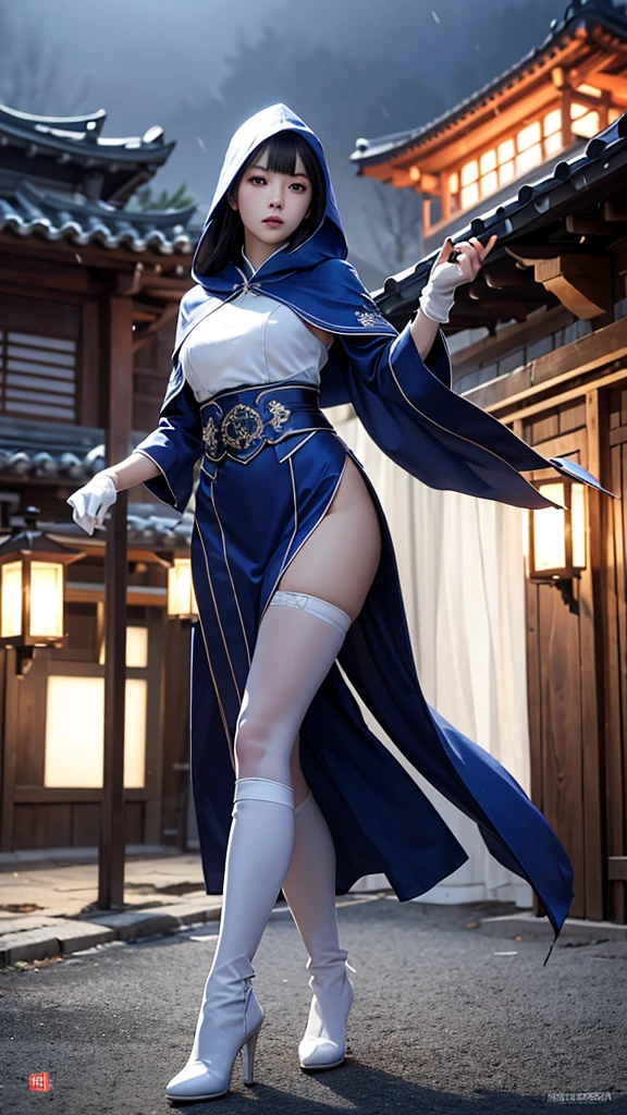 South korea assassin women mystery hooded on with modern royal Blue coat with long and wide sleeves with buttons and royal Blue cape and very high white heel over the knee and white gloves, As she reveals a small secret hidden blade coming from his palm , adding to the character's mysterious and agile appearance, with small movements of air on the cape, jump from roof to roof, in summer at night under the rain,medieval south korea house. sophisticated and highly detailed, ultra hd, realistic, hyper detailed, enhanced colours, ultra sharp focus, with vibrant, rich in details High quality, gorgeous, captivating, 8k, super detailed, stunning shadows, detailed lines, blood stain on coat and gloves, corpses in the street recently murdered