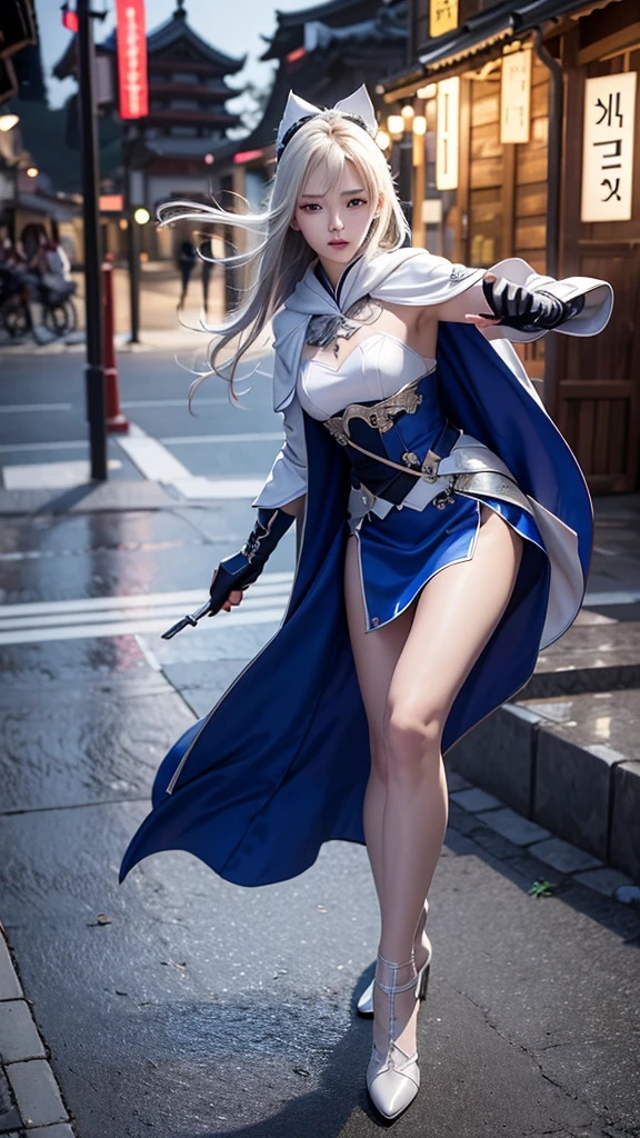 South korea assassin women mystery hooded on with modern royal Blue coat with long and wide sleeves with buttons and royal Blue cape and very high white heel over the knee and white gloves, As she reveals a small secret hidden blade coming from his palm , adding to the character's mysterious and agile appearance, with small movements of air on the cape, jump from roof to roof, in summer at night under the rain,medieval south korea house. sophisticated and highly detailed, ultra hd, realistic, hyper detailed, enhanced colours, ultra sharp focus, with vibrant, rich in details High quality, gorgeous, captivating, 8k, super detailed, stunning shadows, detailed lines, blood stain on coat and gloves, corpses in the street recently murdered
