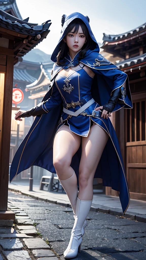 South korea assassin women mystery hooded on with modern royal Blue coat with long and wide sleeves with buttons and royal Blue cape and very high white heel over the knee and white gloves, As she reveals a small secret hidden blade coming from his palm , adding to the character's mysterious and agile appearance, with small movements of air on the cape, jump from roof to roof, in summer at night under the rain,medieval south korea house. sophisticated and highly detailed, ultra hd, realistic, hyper detailed, enhanced colours, ultra sharp focus, with vibrant, rich in details High quality, gorgeous, captivating, 8k, super detailed, stunning shadows, detailed lines, blood stain on coat and gloves, corpses in the street recently murdered