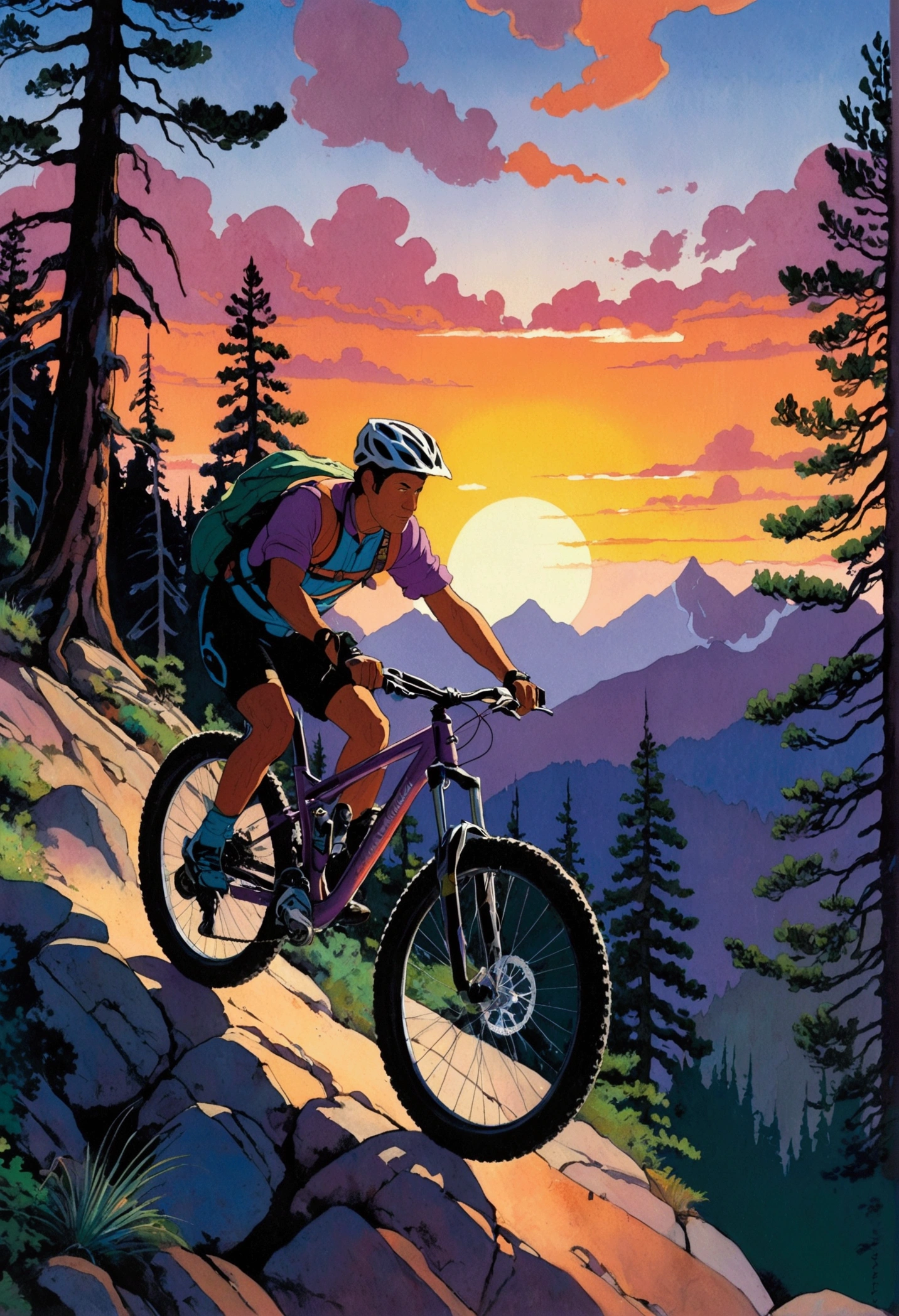 ([negative space:0.8:1.5]), [shsw:0.8], A detailed scene depicting the sport of mountain biking at dusk. In the foreground, a middle-aged Hispanic male is expertly navigating a rocky terrain, muscles working hard as he pedals uphill, determination visible on his face. Behind him, a younger Black female cyclist is following closely, her enthusiasm matching the rigorous trail. Their brightly colored gear contrasting with the fading sunlight on the rugged mountainous backdrop specked with tall, verdant green pine trees. The evening sky is painted with hues of orange, purple, and pink, casting long shadows and adding to the feeling of adventure and challenge, colorful cartoon-style illustration from an award winning animated movie, illustrated in bold outlines, showcasing its colors and shapes. The character is depicted adorned colorful energy against a white background, [mythical creature:0.8]