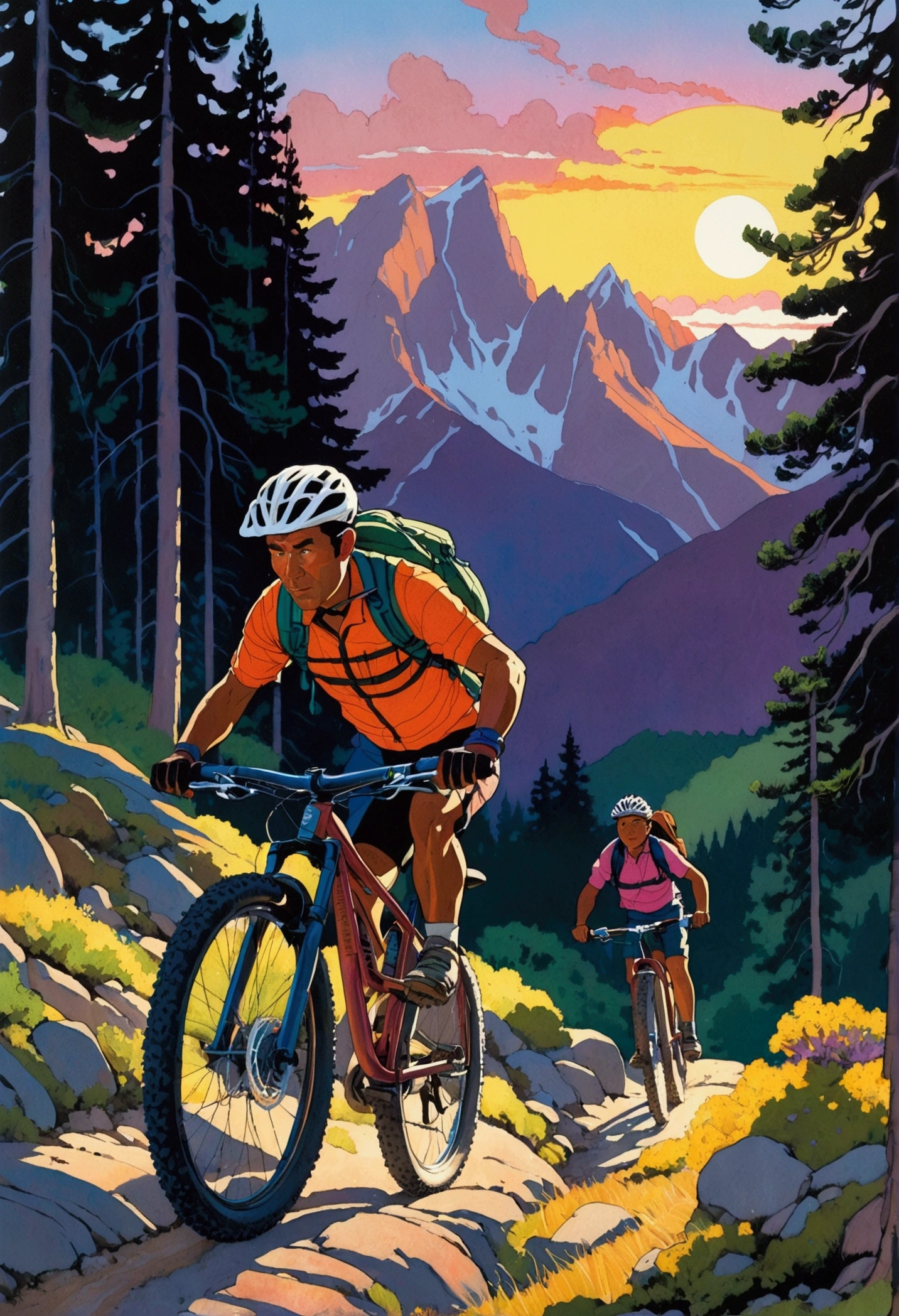 ([negative space:0.8:1.5]), [shsw:0.8], A detailed scene depicting the sport of mountain biking at dusk. In the foreground, a middle-aged Hispanic male is expertly navigating a rocky terrain, muscles working hard as he pedals uphill, determination visible on his face. Behind him, a younger Black female cyclist is following closely, her enthusiasm matching the rigorous trail. Their brightly colored gear contrasting with the fading sunlight on the rugged mountainous backdrop specked with tall, verdant green pine trees. The evening sky is painted with hues of orange, purple, and pink, casting long shadows and adding to the feeling of adventure and challenge, colorful cartoon-style illustration from an award winning animated movie, illustrated in bold outlines, showcasing its colors and shapes. The character is depicted adorned colorful energy against a white background, [mythical creature:0.8]
