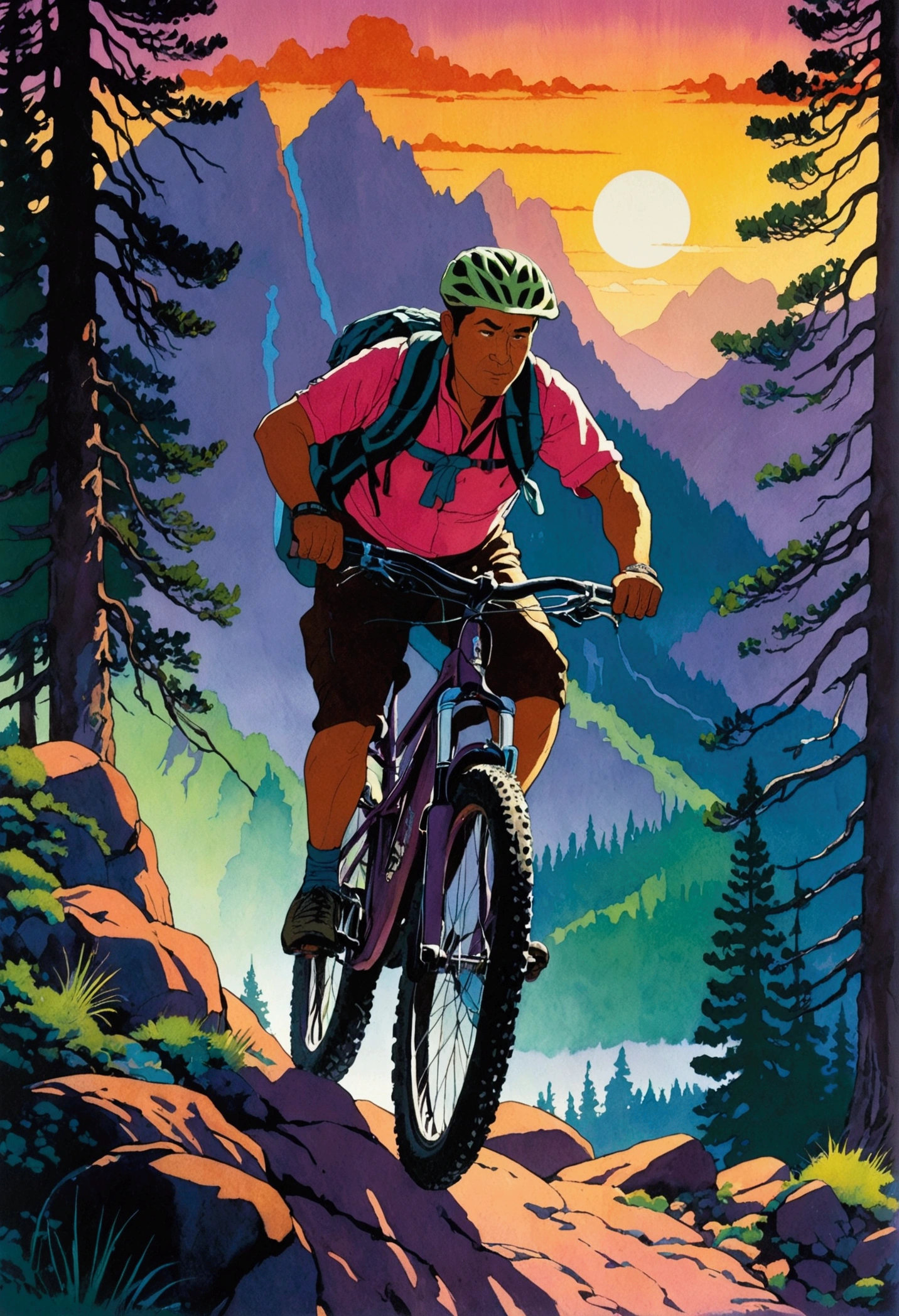 ([negative space:0.8:1.5]), [shsw:0.8], A detailed scene depicting the sport of mountain biking at dusk. In the foreground, a middle-aged Hispanic male is expertly navigating a rocky terrain, muscles working hard as he pedals uphill, determination visible on his face. Behind him, a younger Black female cyclist is following closely, her enthusiasm matching the rigorous trail. Their brightly colored gear contrasting with the fading sunlight on the rugged mountainous backdrop specked with tall, verdant green pine trees. The evening sky is painted with hues of orange, purple, and pink, casting long shadows and adding to the feeling of adventure and challenge, colorful cartoon-style illustration from an award winning animated movie, illustrated in bold outlines, showcasing its colors and shapes. The character is depicted adorned colorful energy against a white background, [mythical creature:0.8]