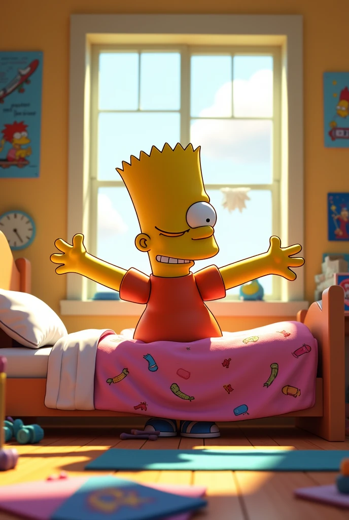 Bart simpson qui se leve de sont lit pour aller a lecole ( 3d )