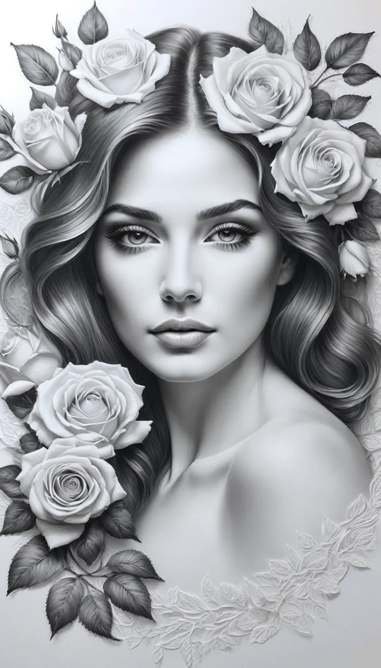 On a sheet of crisp, white paper, a beautiful woman is being meticulously drawn. Her face, framed by delicate roses, radiates grace and elegance. The artist captures her serene expression with fine, precise lines, highlighting her soft features and soulful eyes. The roses around her face, depicted with intricate detail, vary in size and texture, creating a gentle, ethereal halo. Each stroke of the pencil brings to life the delicate interplay of light and shadow, giving depth and dimension to the portrait. As the drawing takes shape, the woman's beauty and the intricate roses blend seamlessly, creating a captivating and harmonious image.