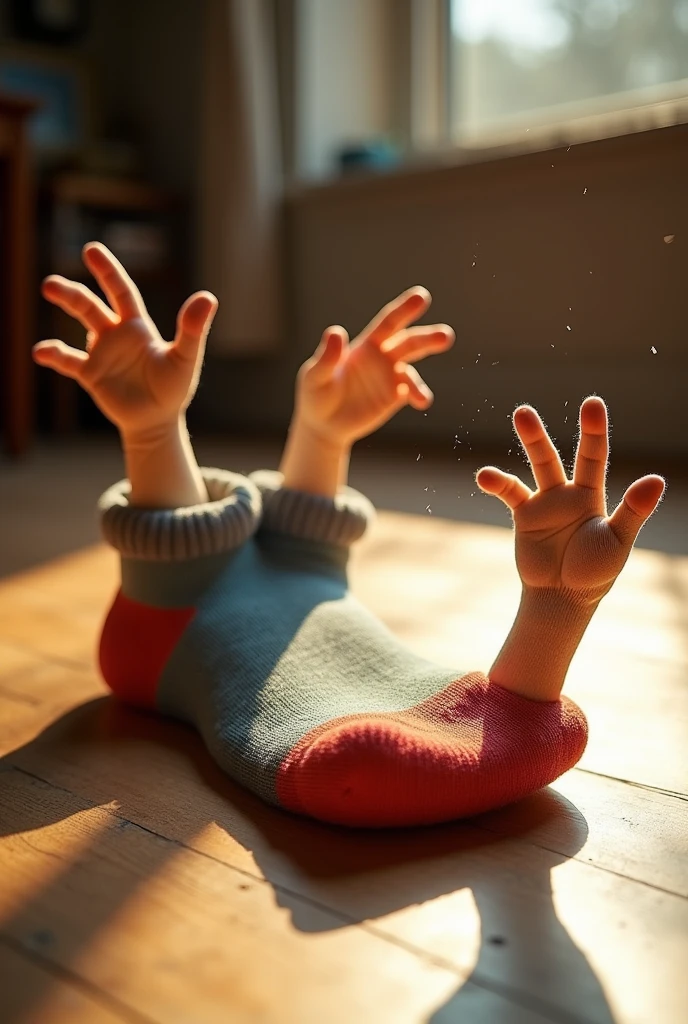 Make me a flat sock lying on the floor with two hands begging the camera, asking for something