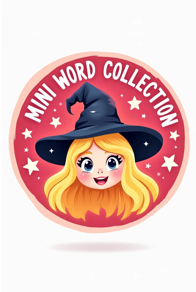 Create a logo drawn with the face of a cute witch with a sign that says:MINI WORD COLLECTION
Let the witch be blonde
Put the drawing in a circle shape and put stars on it
Let the background of the circle be pink