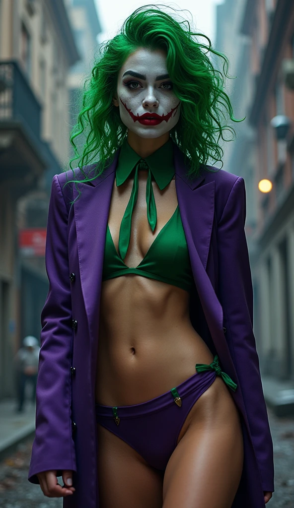 { "prompt": "A faithful female version of the iconic Joker from DC Comics, reimagined with striking beauty and allure while retaining the character's chaotic energy. She has pale white skin, with wild, vibrant green hair styled in messy, voluminous curls. Her makeup is bold, with dark, piercing eyes framed by heavy black eyeliner, and a mischievous, twisted smile painted in deep red lipstick that extends slightly beyond the corners of her mouth. She wears a sharp, tailored purple suit jacket with a green vest and matching tie on top, and a purple bikini bottom below, revealing her toned, irresistible physique. Her posture is confident and slightly unhinged, perfectly blending elegance, madness, and seductive charm, as if she’s always on the edge of chaos.", "size": "1024x1792" }