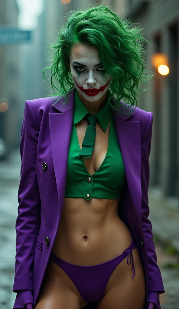 { "prompt": "A faithful female version of the iconic Joker from DC Comics, reimagined with striking beauty and allure while retaining the character's chaotic energy. She has pale white skin, with wild, vibrant green hair styled in messy, voluminous curls. Her makeup is bold, with dark, piercing eyes framed by heavy black eyeliner, and a mischievous, twisted smile painted in deep red lipstick that extends slightly beyond the corners of her mouth. She wears a sharp, tailored purple suit jacket with a green vest and matching tie on top, and a purple bikini bottom below, revealing her toned, irresistible physique. Her posture is confident and slightly unhinged, perfectly blending elegance, madness, and seductive charm, as if she’s always on the edge of chaos.", "size": "1024x1792" }