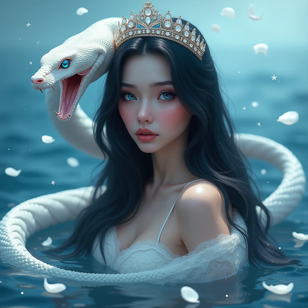 a beautiful woman with long, straight, jet-black hair, intense blue eyes, within a sea where white rose petals rain down, she is with a white cobra, which wraps around her neck, a diamond crown on her head, with mist and white glow, the water reaches her waist. profile picture. animated digital art