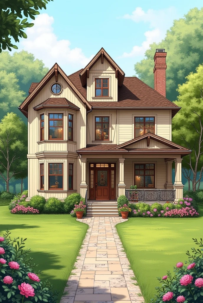 Drawing of a large house with a bedroom, living room, kitchen, garage, bathroom and patio