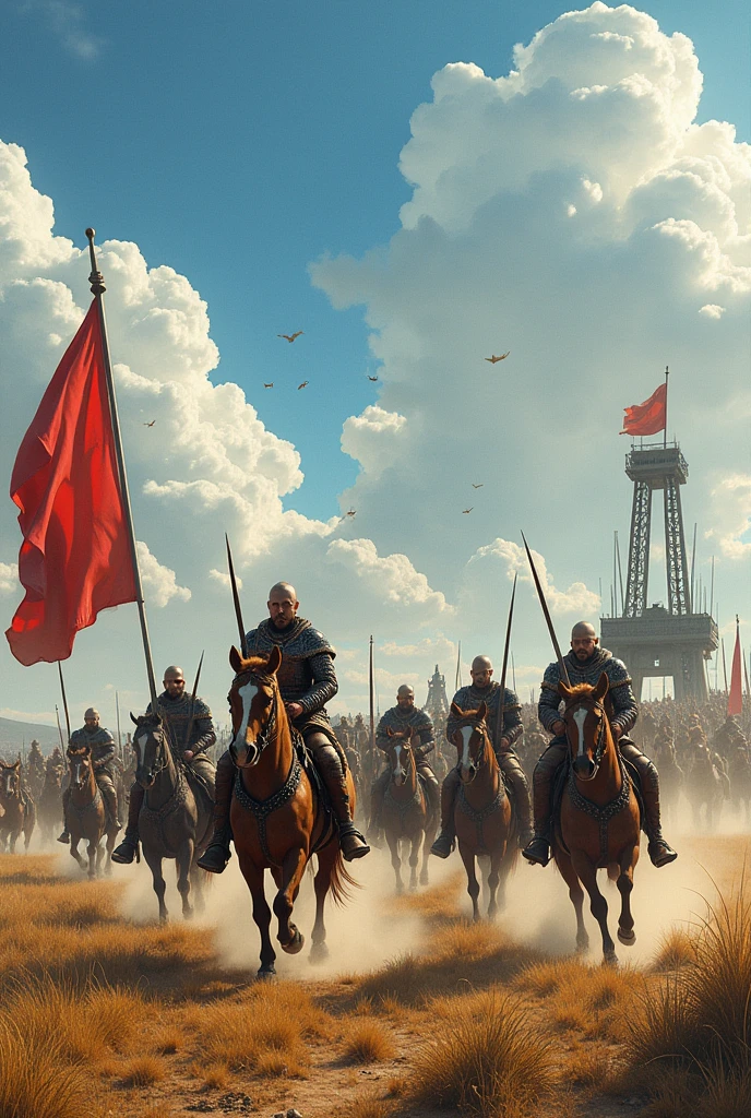 Great Viking Army , with horses , catapults and flags , marching across a vast plain 