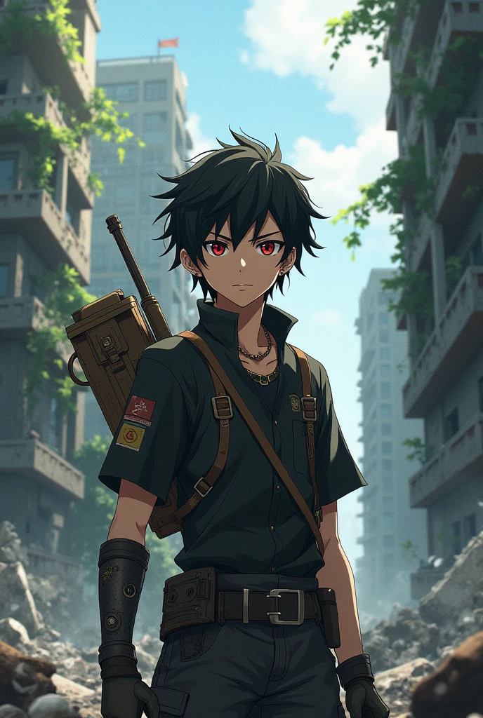 An anime character drawn named yuta
who is 15 years old with black hair and heterochromia red and black eyes 100% original post apocalyptic 