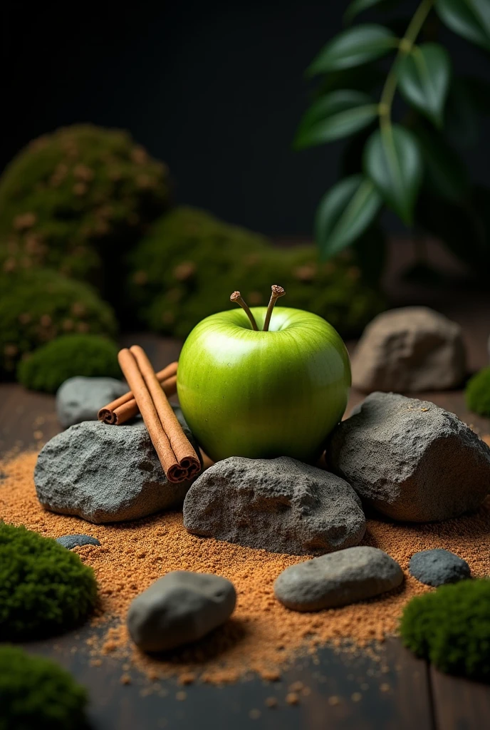 rocks with green apple and cinnamon with sand ,
in a dark environment, with moss and patchouli