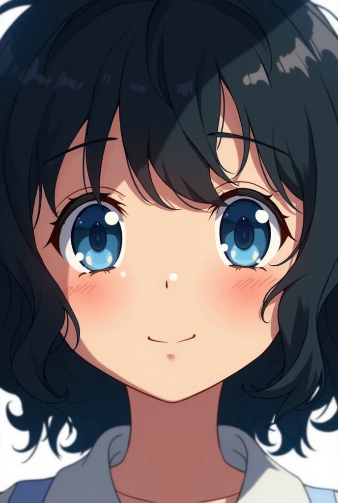 Black hair, anime, ghibli, anime style, close up, from side, first-person perspective, 8k, super detail, masterpiece,super detail, high quality, high resolution, high detail, white background, face detail, happiness, curly hair, blue eyes