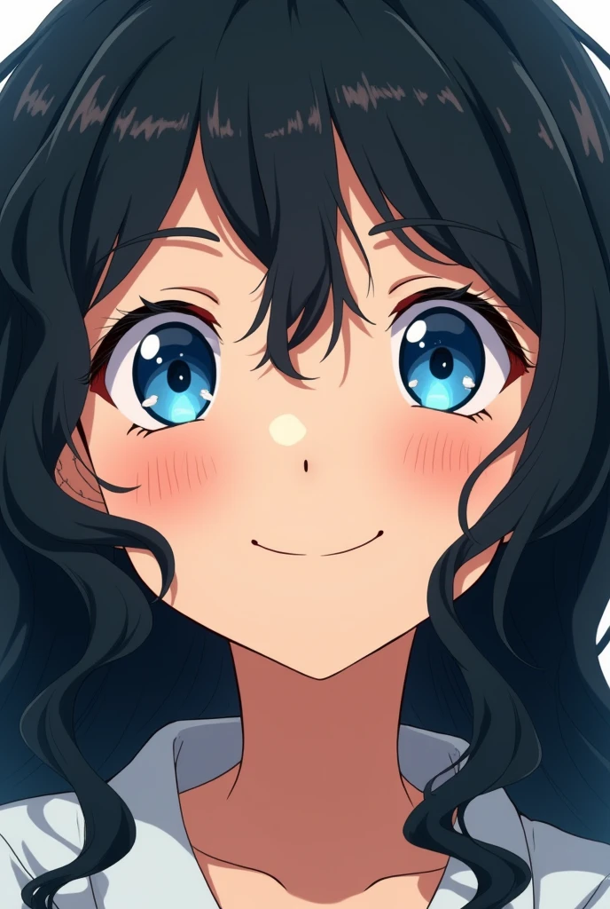 Black hair, anime, ghibli, anime style, close up, from side, first-person perspective, 8k, super detail, masterpiece,super detail, high quality, high resolution, high detail, white background, face detail, happiness, curly hair, blue eyes