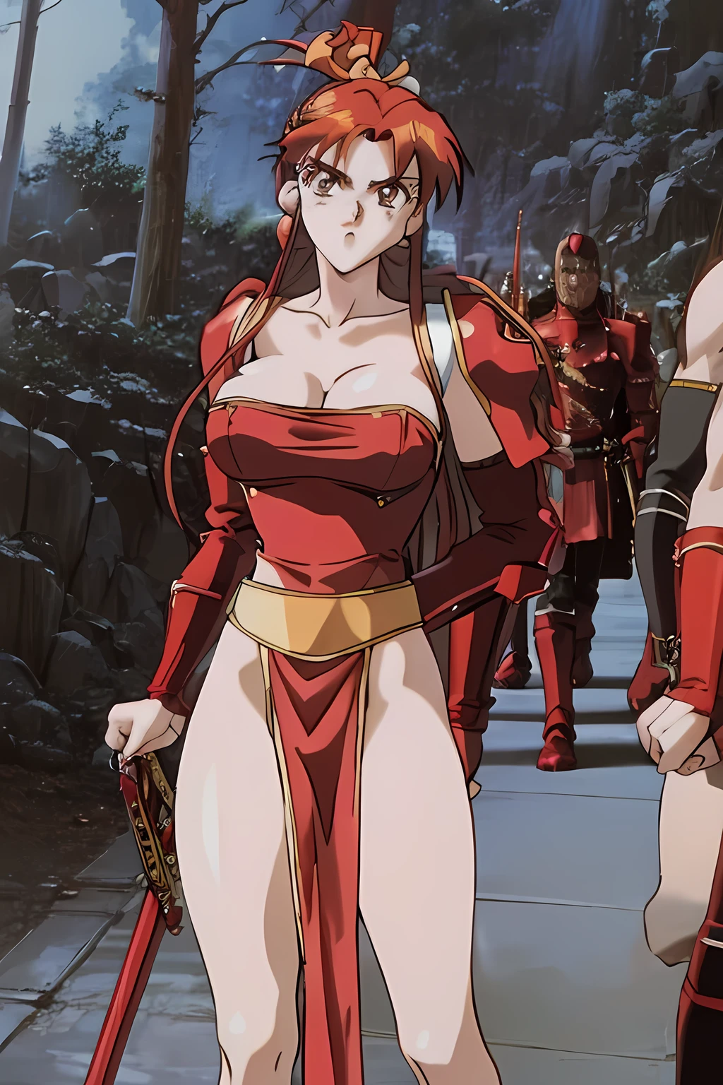 masterpiece, best quality, anime 1990s \(style\, armor, angry, dominant,champ, viking, weapons, skirt. Red, armor.