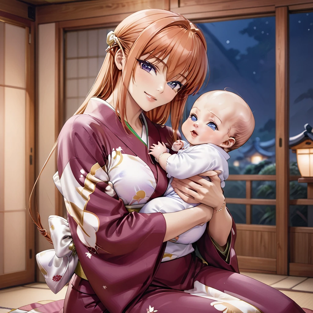 ((The woman is leaning against an old man, holding a baby.))、((Highest quality)), ((masterpiece)), (detailed), （Perfect Face）、The woman is Maya Cordelia, with medium-long orange hair, a gorgeous and glittering kimono, her hair tied in a Japanese style, and an engagement ring.、The woman is happily nestled against her elderly husband in their traditional Japanese-style bedroom at night, cuddling their baby.、The old man is wearing an engagement ring