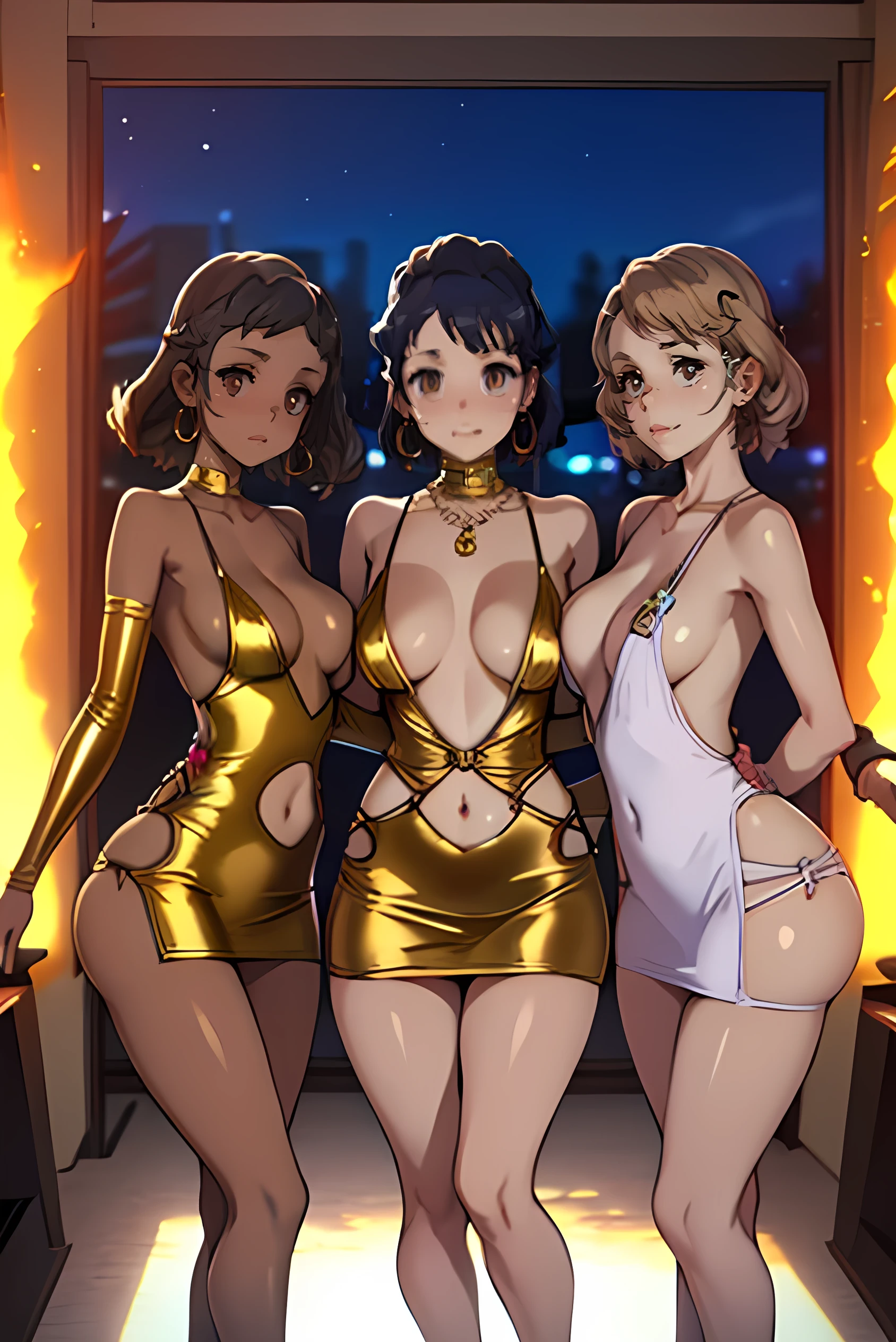 masterpiece, formal, (Three mature women standing side by side、Sticking out towards the viewer:1.3), Bodycon, Micro Dress, (Detailed eyes, Perfect Face, Face Focus:1.2), (Highly wrinkled, shiny clothing that reflects light:1.2), Golden accessories, jewelry, (Hoop Earrings), necklace, belly button, hair ornaments, latex, Glowing Skin, Attractive perfect female proportions, Detailed surface texture, smile, blush, (venue)