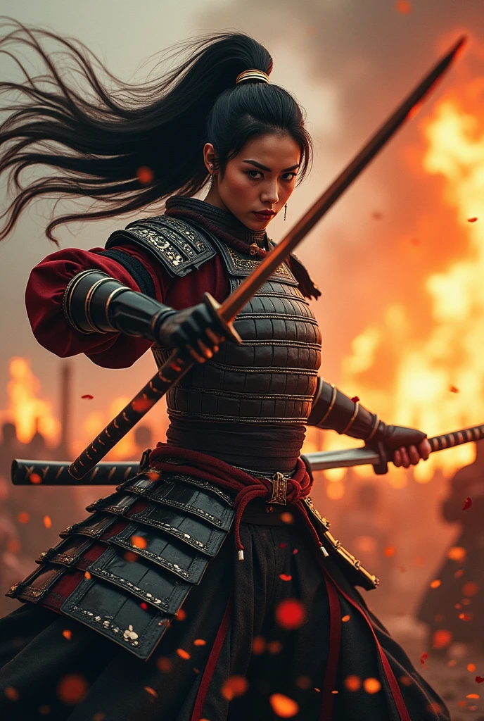 Japan Female Samurai、Female warriors of the Sengoku period、not wearing a helmet、Scene of fierce fighting、There are many people fighting around、Flames are rising all around、Sense of presence。Real、Genuine、26 age、Black Hair. make up, red lips, 
