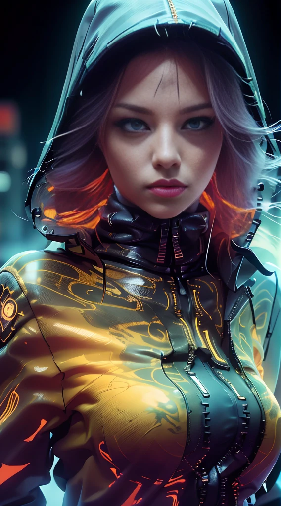 unreal engine:1.4,UHD,The best quality:1.4, photorealistic:1.4, skin texture:1.4, masterpiece:1.8, 18 year old female, Red mesh hair on black hair, Long hair, straight hair, , Comic appearance,(Apocalyptic city of fire),(cyberpunk:1.4),(The best quality,4k,high resolution), 18 year old female, Red highlights in black hair, Long hair, straight hair, Transforming woman,One,cold eyes ,sharp eye,distressed look,Bright red eyes,Improved facial expression,,Change the appearance of a transformation,beast,Bestialification,evil fight,Buttle,Delicate illustrations drawn in detail,Torn clothes with decoration,disheveled clothes,Realistic depiction,vibrant colors,expressive,Classic background