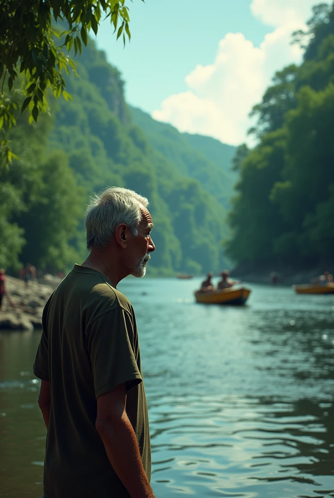 Man waiting if his son arrives at the bank of the Magdalena River, in a jungle setting and the sad, animated image and boats can be seen, an older man , exhausted and crying a lot, looking towards the river and waiting for his son, The man, about 40 or 45 years old, watching the river., that does not have a beard, that it be in animation and this from the back crying