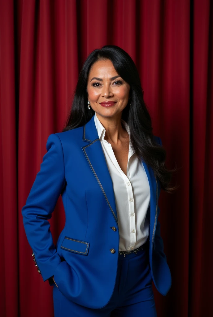 woman 50 years old, Bullish, curtain. long straight black hair. eyes black. Blue and white formal wear .