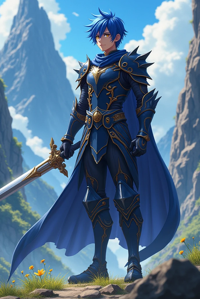 Anime young man, short hair, 1.80 meters tall, 19 years old, with big greatsword, blue hair, golden eyes and pitch black armor.