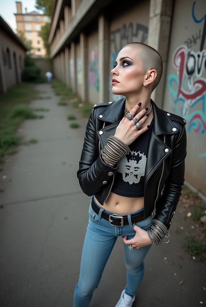 russian milf woman, biker gang member, shaved head, with very light blue eyes, extremely pale, heavy eye shadows. Thin. Sad face, smeared excessive make up and smeared lipstick Wearing black moto jacket, cropped t-shirt with devil logo, skinny blue jeans and white tennis sneakers . Lots of metallic bracelets. Tacky leather belt with oversized, excessive silver buckle. One hand in her neck, the other in one pocket. Lots of rings. Wide loop earrings. Looks up like talking to God, mouth and eyes open. Bites her lip