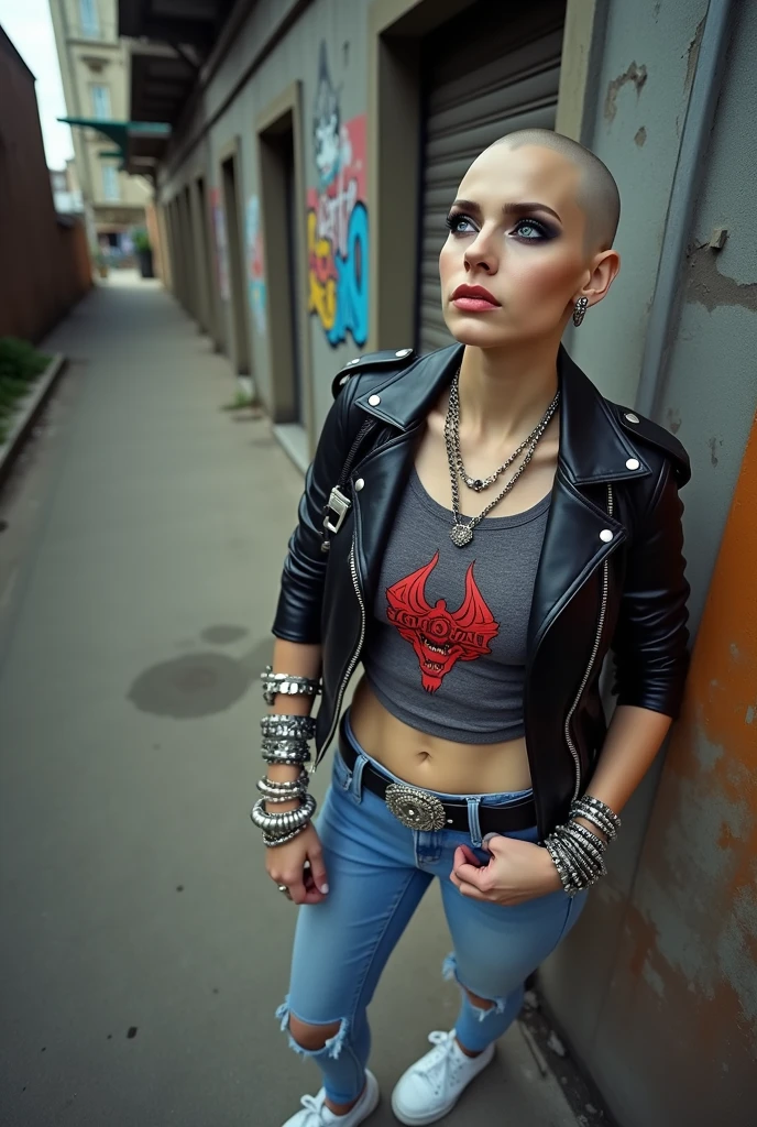 russian milf woman, biker gang member, shaved head, with very light blue eyes, extremely pale, heavy eye shadows. Thin. Sad face, smeared excessive make up and smeared lipstick Wearing black moto jacket, cropped t-shirt with devil logo, skinny blue jeans and white tennis sneakers . Lots of metallic bracelets. Tacky leather belt with oversized, excessive silver buckle. One hand in her neck, the other in one pocket. Lots of rings. Wide loop earrings. Looks up like talking to God, mouth and eyes open. Bites her lip