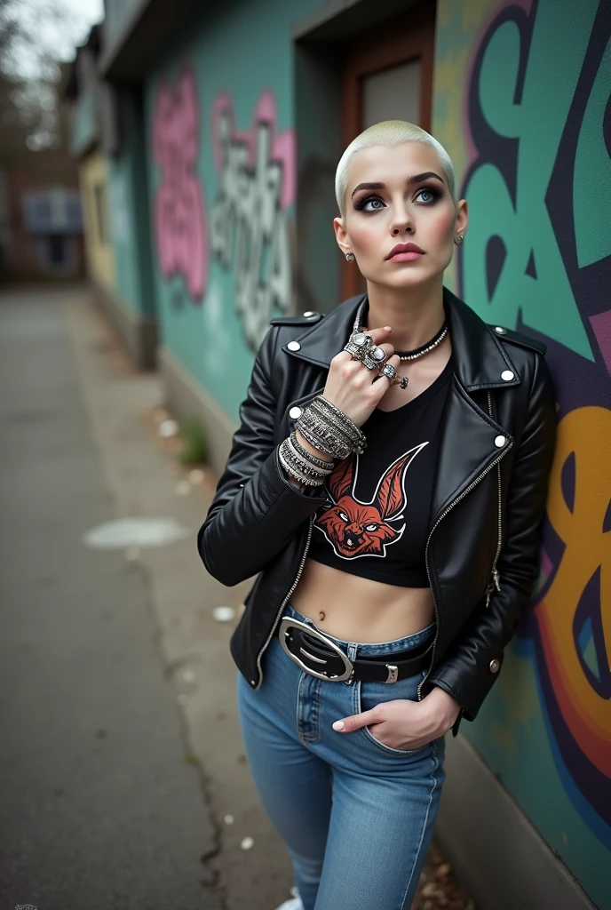 russian milf woman, biker gang member, shaved head, with very light blue eyes, extremely pale, heavy eye shadows. Thin. Sad face, smeared excessive make up and smeared lipstick Wearing black moto jacket, cropped t-shirt with devil logo, skinny blue jeans and white tennis sneakers . Lots of metallic bracelets. Tacky leather belt with oversized, excessive silver buckle. One hand in her neck, the other in one pocket.  Lots of rings. Wide loop earrings. Looks up like talking to God, mouth and eyes open. Bites her lip
