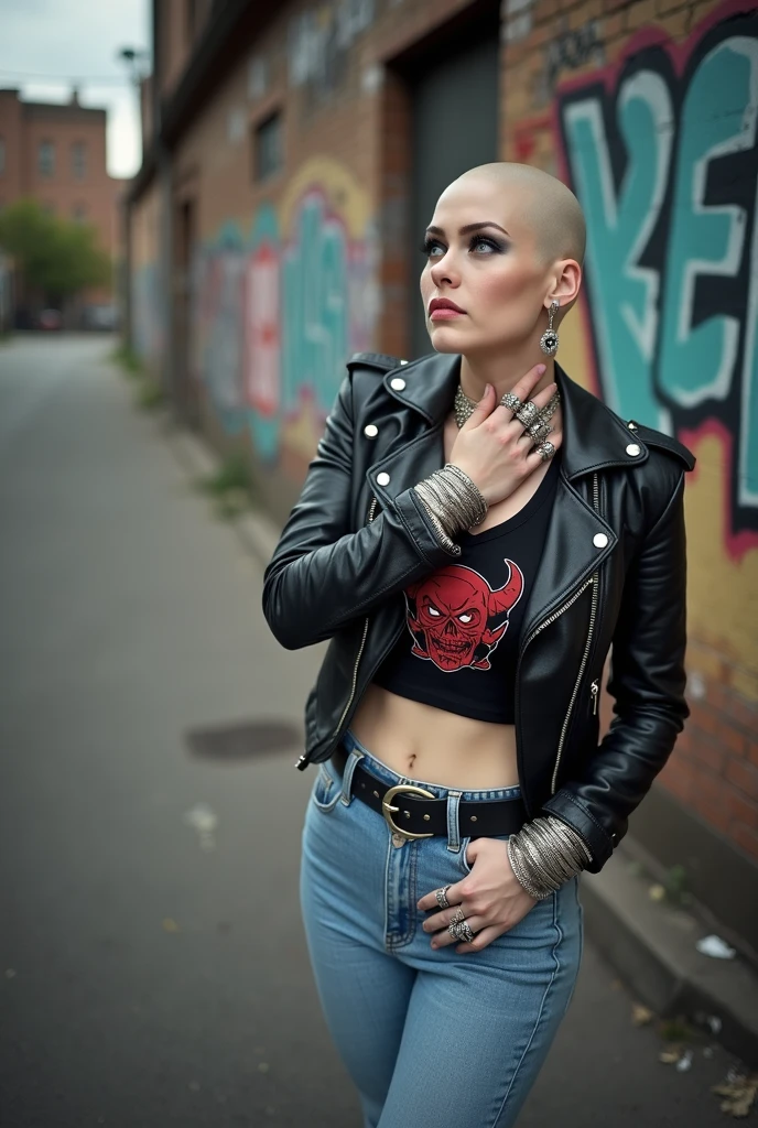 russian milf woman, biker gang member, shaved head, with very light blue eyes, extremely pale, heavy eye shadows. Thin. Sad face, smeared excessive make up and smeared lipstick Wearing black moto jacket, cropped t-shirt with devil logo, skinny blue jeans and white tennis sneakers . Lots of metallic bracelets. Tacky leather belt with oversized, excessive silver buckle. One hand in her neck, the other in one pocket. Lots of rings. Wide loop earrings. Looks up like talking to God, mouth and eyes open. Bites her lip