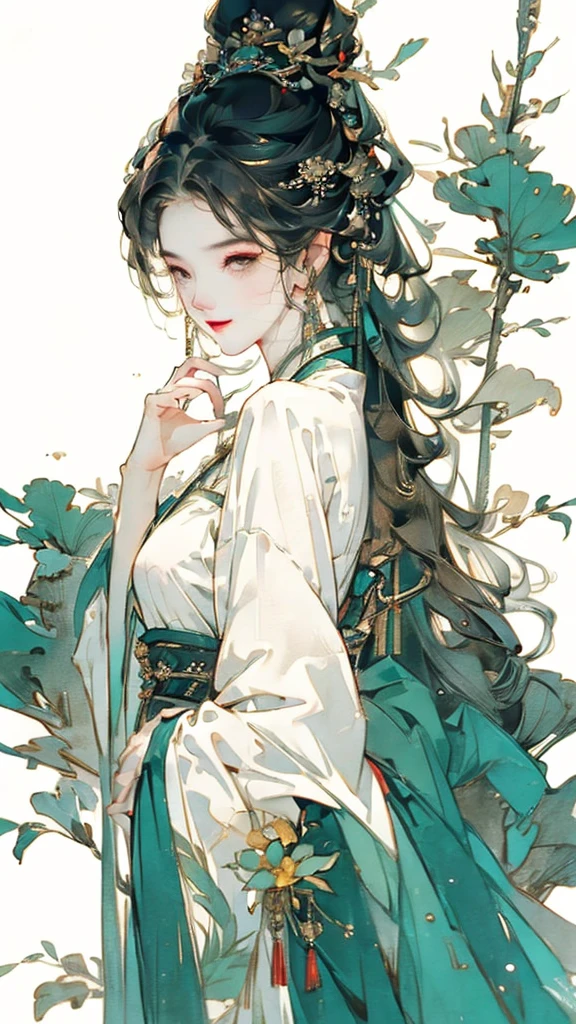 short girl, 1girl, solo, masterpiece, highres, solo, 8k, detailed, perfect face, best quality, (ultra high quality), (looking at viewers), (armpit), bare arms, small breast, sideboob, black hair, long hair, ponytail hair, hair bangs, green eyes, chinese dress, traditional dress, green dress, slim body, upper body, smile, hand up