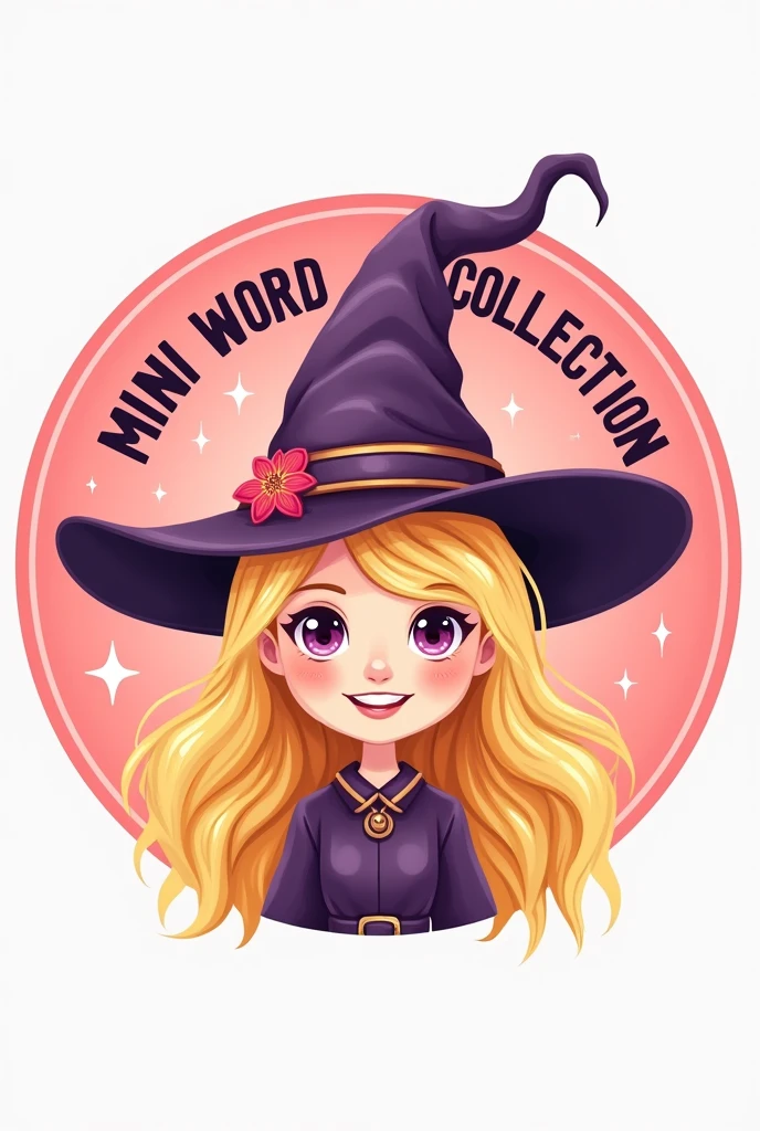 Create a logo drawn with the face of a cute witch with a sign that says:MINI WORD COLLECTION
Let the witch be blonde
Put the drawing in a circle shape and put stars on it
Let the background of the circle be pink