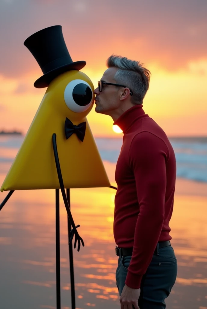 a realistic image of a floating Two-dimensional yellow triangle with a giant eye with a black iris, This character does not have a mouth, but it does have thin arms and legs like spaghetti that are black, The triangle is wearing a long black top hat and A black bow tie under his eye. This character will be kissing a handsome man with gray hair, black plastic glasses, a kind of red turtleneck, and dark pants. The background will be a sunset on the beach. The main characters will be centered in the image kissing very close to the camera.