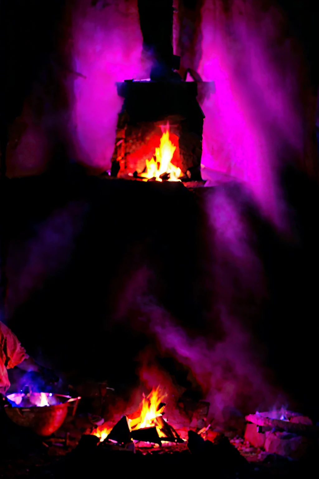 Early humans cooking food over a fire, a man and a woman, in a primitive camp setting, dressed in animal hides, with a roaring fire and stone tools visible, surrounded by a dark forest, medium shot, hyper-realistic, photo realism, cinematography --ar9:16
