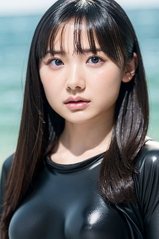 masterpiece, Highest quality,  Unreal Engine,  Super Resolution,  Very detailed, Complex, colorful, Clear images, Sharp focus, Digital Blending, 

One beautiful woman, One Japan actress, ashidamana, Perfect Eyes, Perfect Face, Ultra detailed hair, Ultra detailed face, Very detailed lips,Vivid expression, Healthy Body, Detailed sweat glands of beautiful and cute real Asian mix, Smooth skin texture, Carefully drawn,

(humidity:1.2), Beautiful Eyes, (Attractive face:1.2), (Beautiful Skin), (Big Breasts), (Super glossy wetsuit), Puffy nipples, Tight waist, Sticky with sweat, (Oily skin), oily suit, In a dynamic pose,

Studio Photo, Outdoor, At the Beach, cowboy shot, 