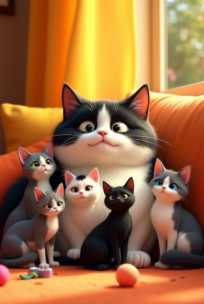 Create a family of six cats in a Pixar style, with vibrant colors and a warm, loving atmosphere that conveys strong family values. The central cat is large and chubby, with black and white fur. Surrounding it are five smaller cats: one with all gray fur, one all white with a black spot on its head, one with black and white fur, one with gray and white fur, and one all black. All cats have smooth, slightly voluminous fur, and they are in a cozy, colorful room."