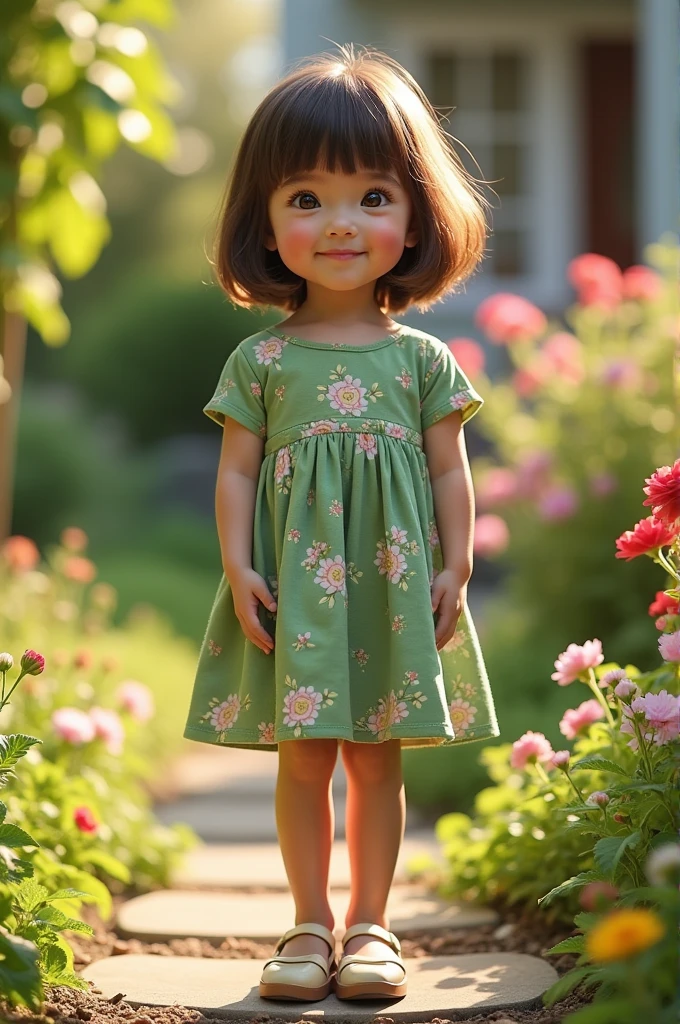 Show me a realistic photo of a 6 year old, 99 cm tall, skin fair, medium brown hair short to the base of the neck and straight, lightbrown eyes, She is standing in the middle of a small garden in front of the house and she is wearing a green floral dress with short sleeves and a little below the knee.