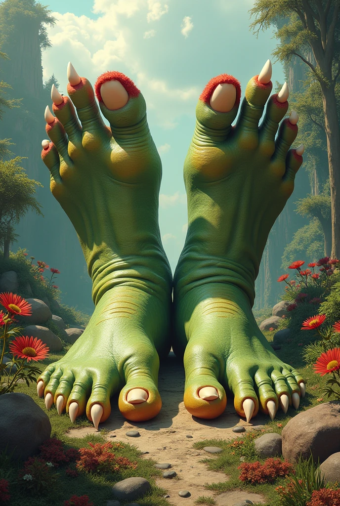 Giant feet , They measure exactly 46 centimeters. They have a thin layer of red hair on the instep and knuckles. They are green on the dorsal side and yellowish underneath . His cartilage and veins are marked , haciéndolos ver muy fuertes y stocky. He has slightly wide knuckles , Increasing the strength of their huge toes. His toes are very long, stocky , Large and hairy , They also have very sharp white claws. His big toe and the second are the same length and the rest decrease in length slightly. And his big toe , Is quite separated from the rest , Leaving a space between the big toe and the rest of the toes.
