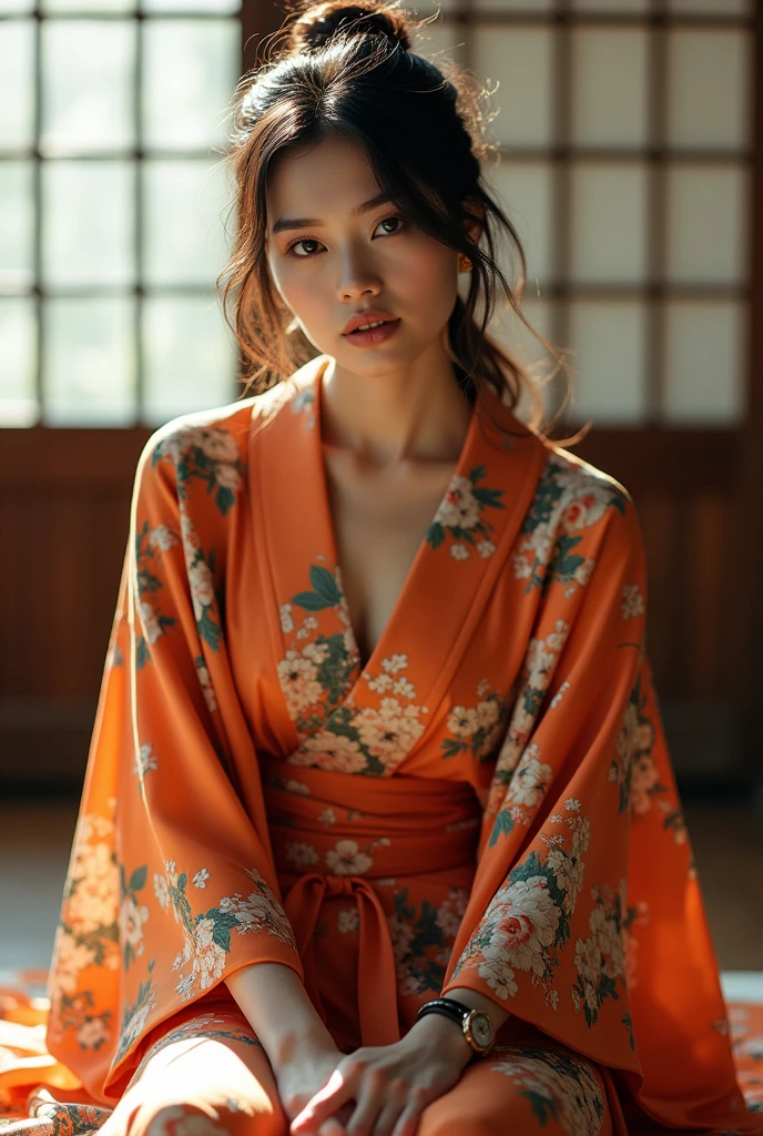 Beautiful woman，1 person，Kimono，modern girl，Wearing a kimono in a stylishly dishevelled way，whole body，Sitting，Facing forward，You can understand facial expressions