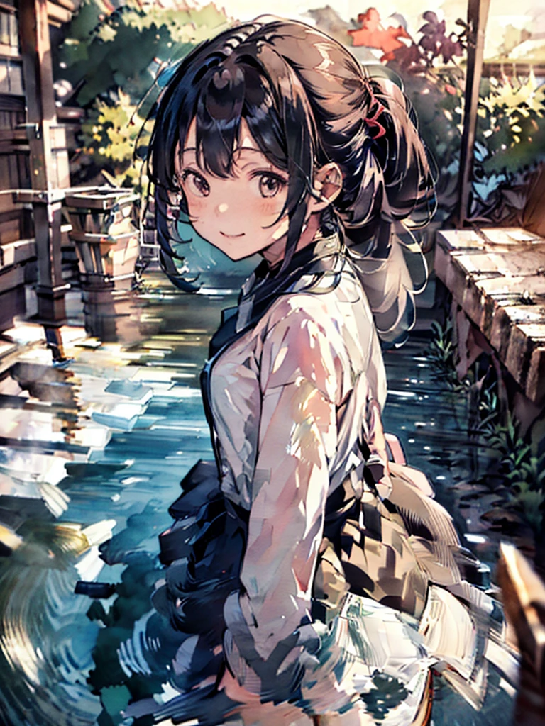 One person, Chestnut Hair, Half Up,Large Breasts, smile, Droopy eyes, perspective, Height: 165cm,High School Uniform,Anime Style, Nice body,Knee-length skirt,Healthy sex appeal,High resolution, Anatomically correct, 最高quality, Damaged, detail, 高いdetail, High-resolution model, 高quality, quality, Very detailed, Ultra high definition, Textured skin, Hair blowing in the wind, Deco bangs, Three-bun updo, happiness, Viewfinder, smile, Multiview,