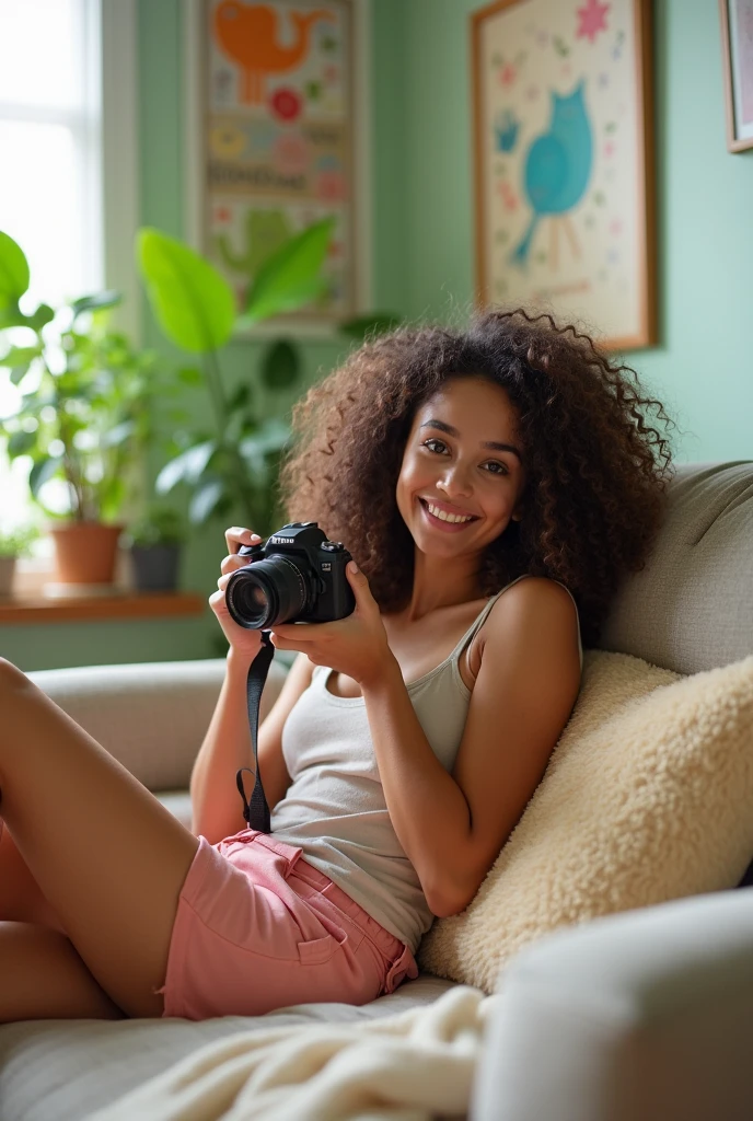 A brunette girl with curly hair and big breasts sits with her legs stretched out, taking a realistic photo
