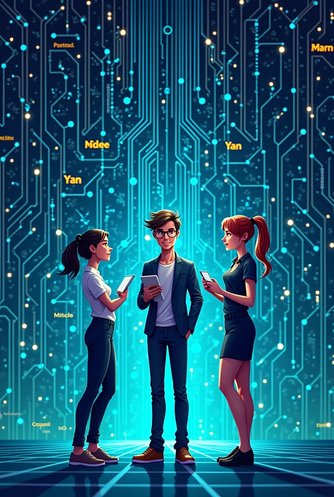 Fais moi une image Team Network des IT Réseau informatique avec tous les branches liées aux réseaux informatiques A côté on a écrit les noms ci après Michée ,Yan et Mariane