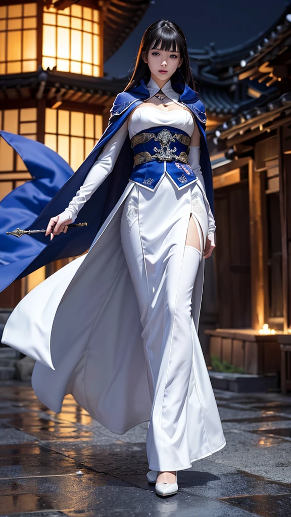 South korea assassin women mystery hooded on with modern royal Blue coat with long and wide sleeves with buttons and royal Blue cape and very high white heel over the knee and white gloves, As she reveals a small secret hidden blade coming from his palm , adding to the character's mysterious and agile appearance, with small movements of air on the cape, jump from roof to roof, in summer at night under the rain,medieval south korea house. sophisticated and highly detailed, ultra hd, realistic, hyper detailed, enhanced colours, ultra sharp focus, with vibrant, rich in details High quality, gorgeous, captivating, 8k, super detailed, stunning shadows, detailed lines, blood stain on coat and gloves, corpses in the street recently murdered