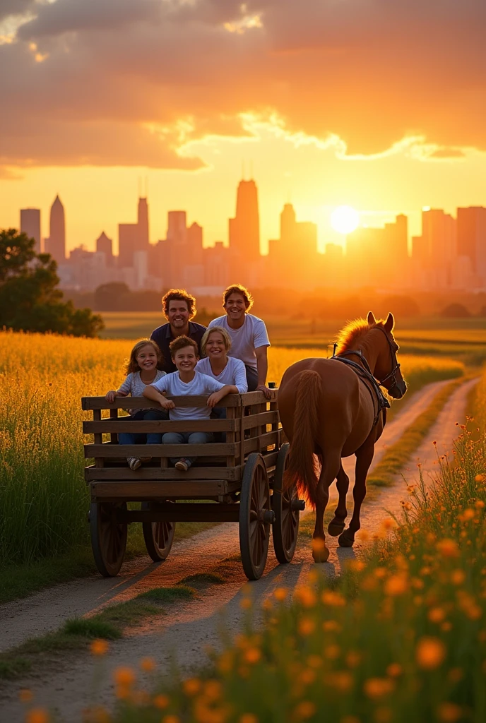 Photo of a family in a wagon, following a road in a rural area leading to the path of a large city